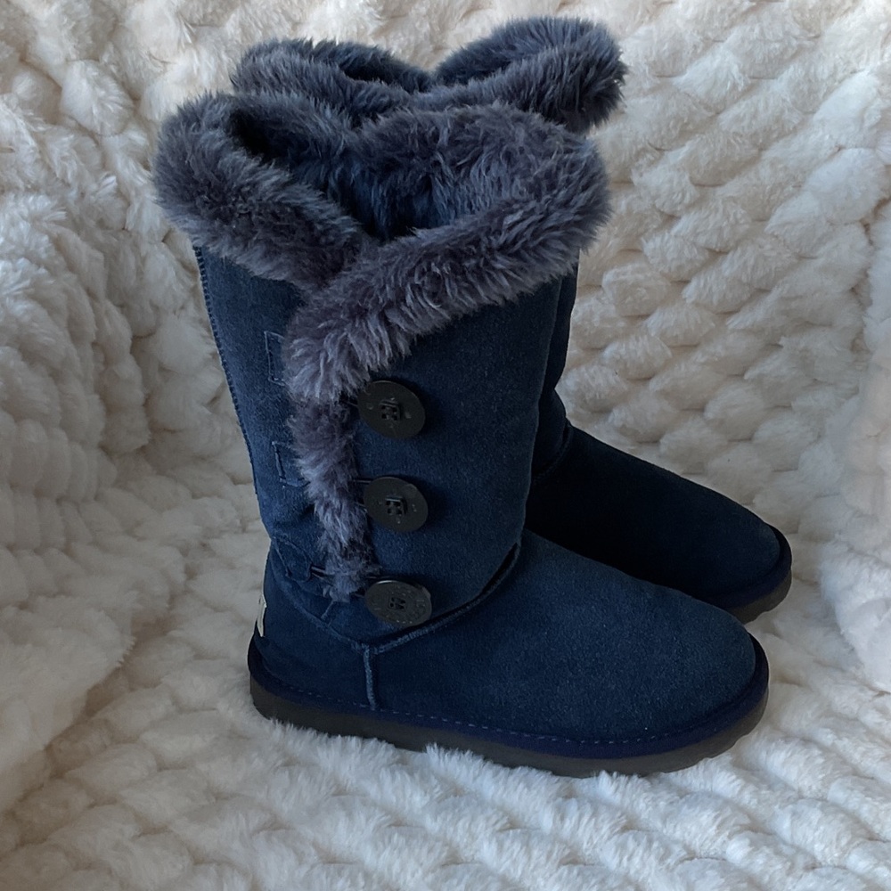 UGG Midnight Blue Boots with Plush Trim and Buttons